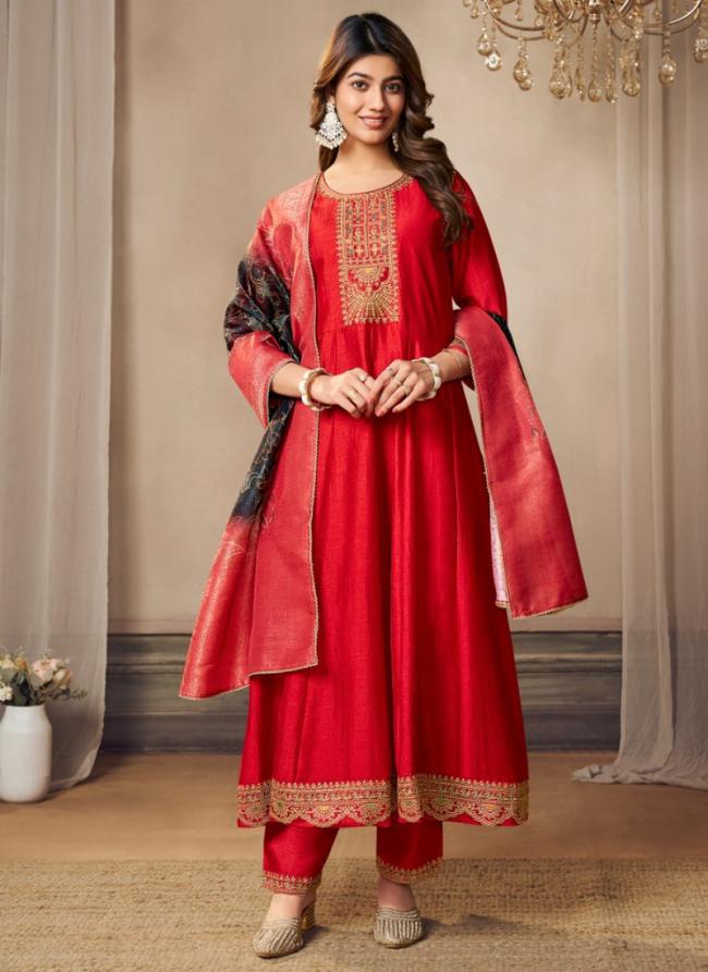 Silk Red Ceremonial Wear Embroidery Work Readymade Anarkali Suit